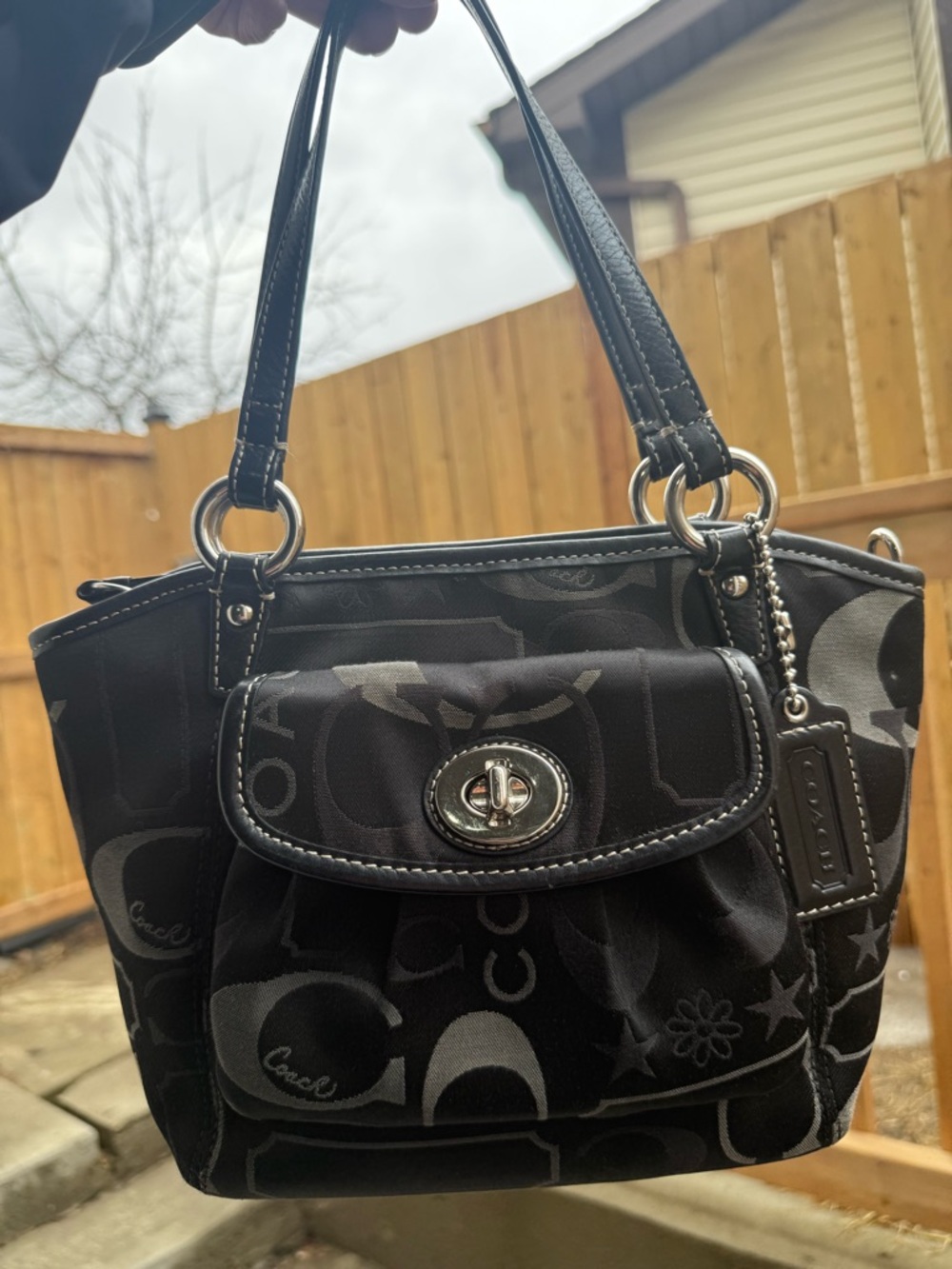 Coach Black Signature Canvas Shoulder Bag with Turnlock Pocket SOLD